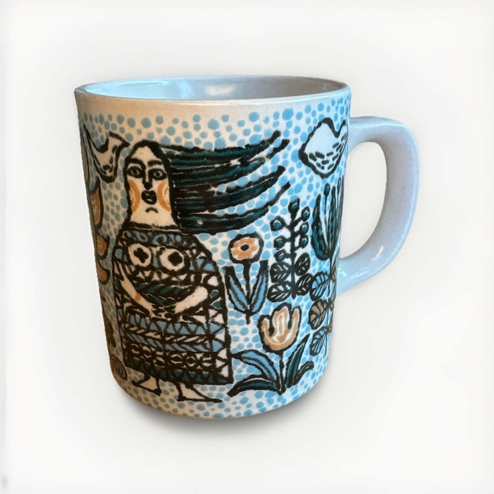 Napcoware‎ Mug Vintage Folk Art Sun Girl Flowers Trees Japan Napco Woman Birds